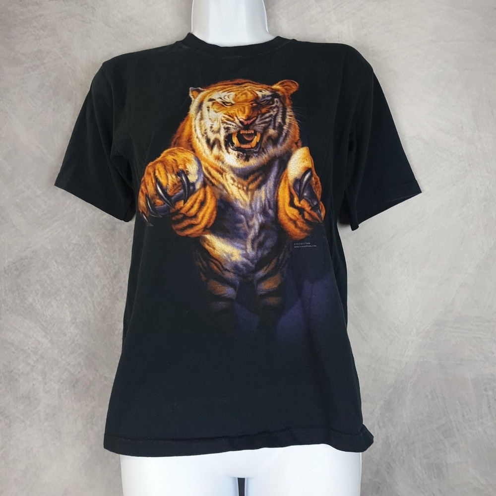 Vintage Tiger Shirt Boys Large Black Double Sided Graphic Tee Anvil Human-i-Tees